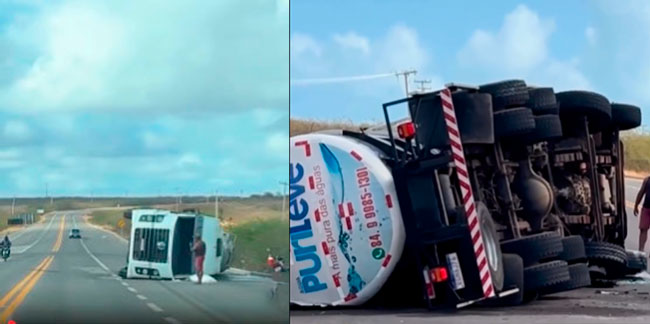 Caminhão tanque carregado de água tomba na BR 110 entre Mossoró e Areia Branca
